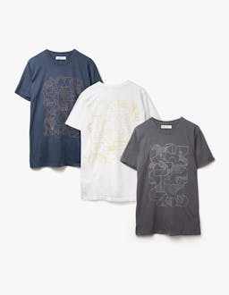 Three shirts in gray, white, and blue arranged on table with same line drawing of hands and shapes overlapping on front of shirt.